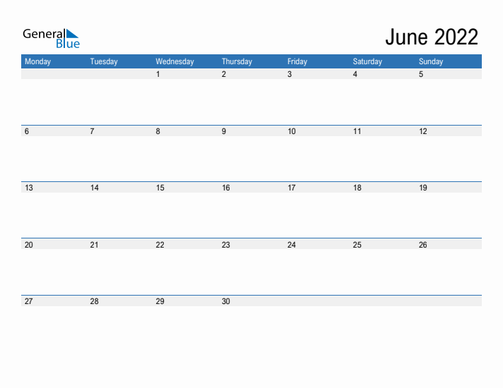 Fillable Calendar for June 2022