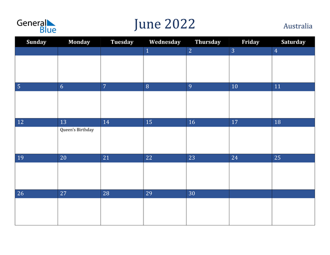 Australia June 2022 Calendar with Holidays