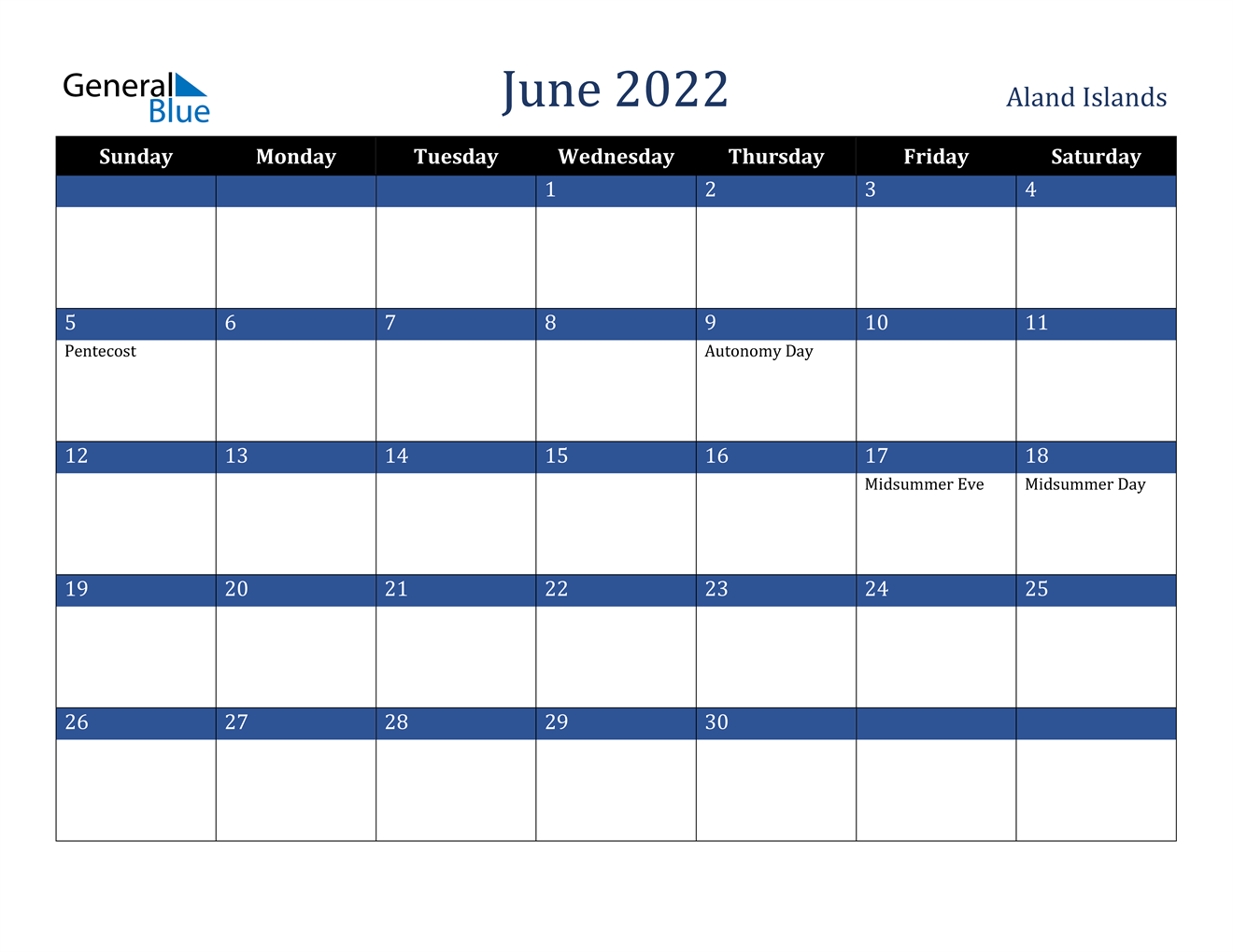 June 2022 Calendar Aland Islands