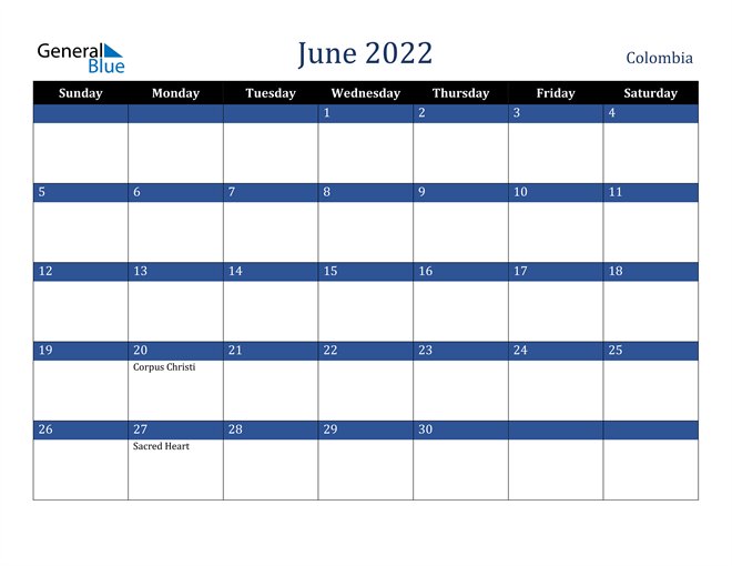 June 2022 Colombia Calendar