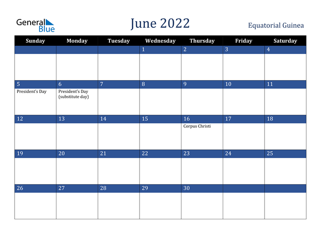 June 2022 Equatorial Guinea Calendar