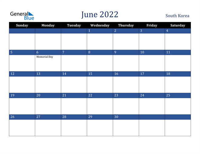 June 2022 South Korea Calendar