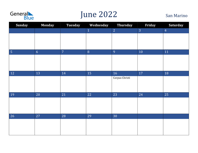 June 2022 San Marino Calendar