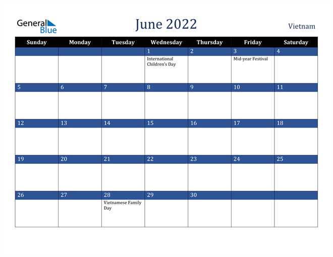 Vietnam June 2022 Calendar With Holidays