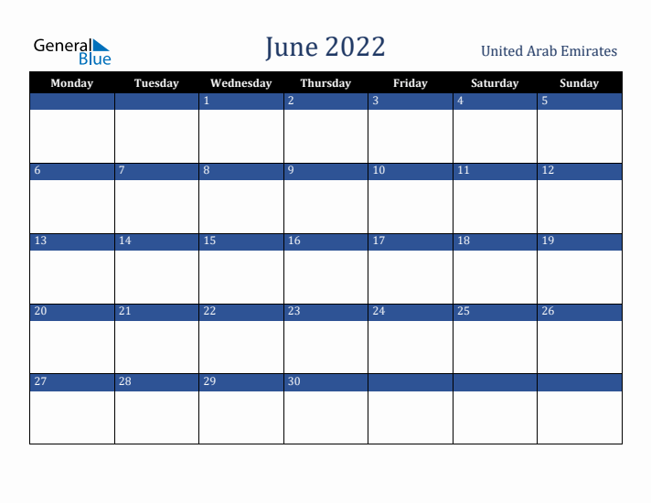 June 2022 United Arab Emirates Calendar (Monday Start)