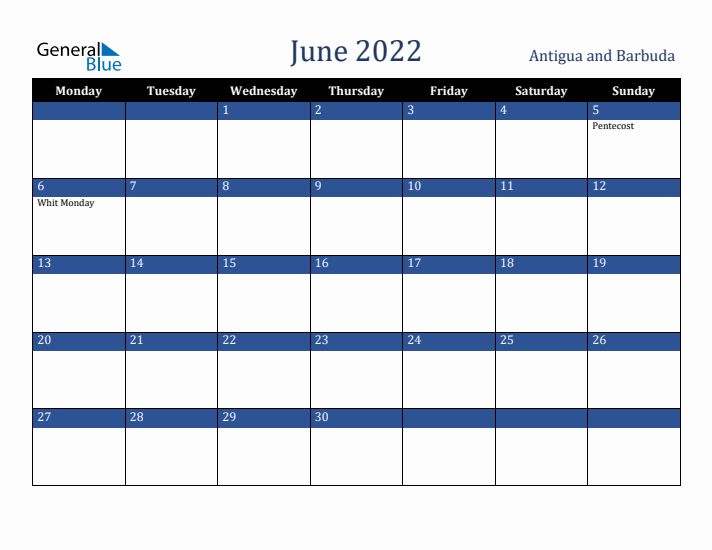 June 2022 Antigua and Barbuda Calendar (Monday Start)