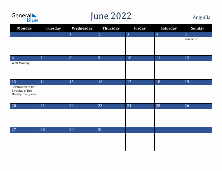 June 2022 Anguilla Calendar (Monday Start)