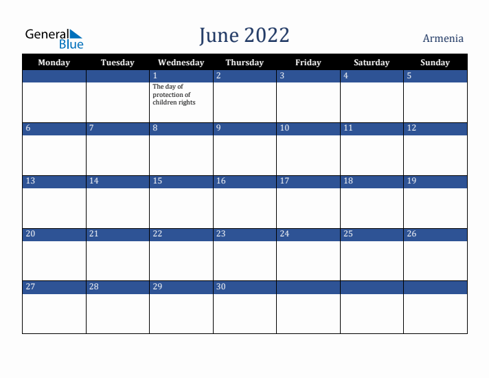 June 2022 Armenia Calendar (Monday Start)