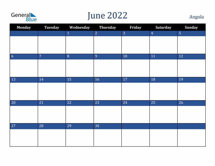 June 2022 Angola Calendar (Monday Start)
