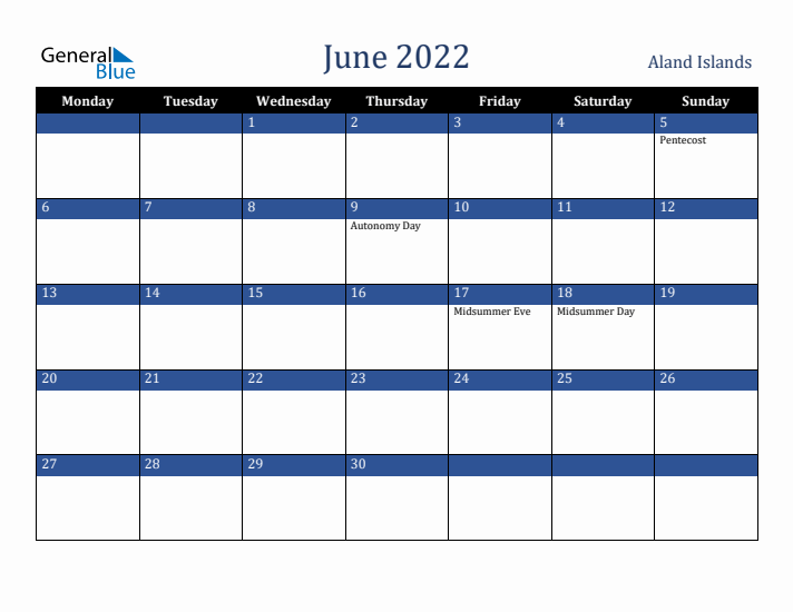 June 2022 Aland Islands Calendar (Monday Start)