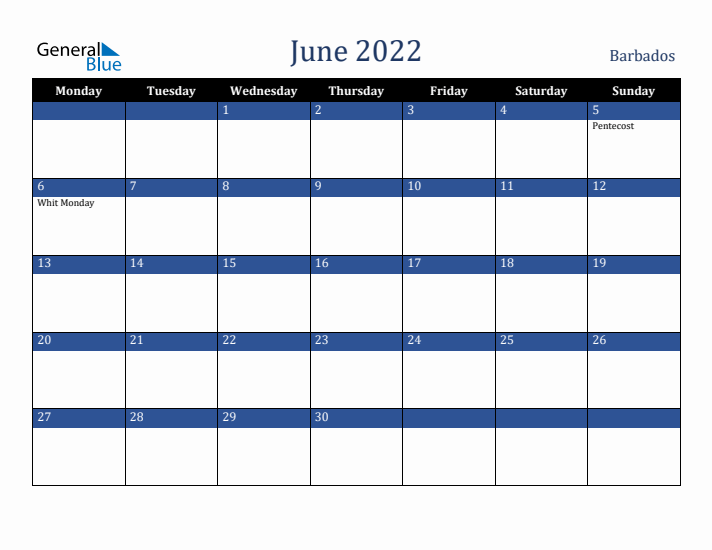 June 2022 Barbados Calendar (Monday Start)