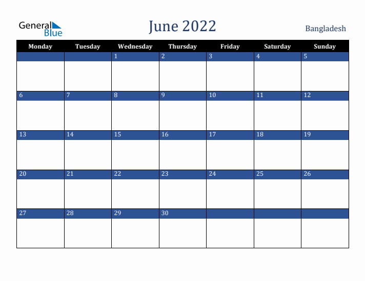 June 2022 Bangladesh Calendar (Monday Start)