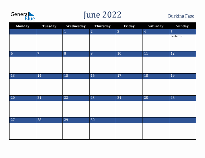 June 2022 Burkina Faso Calendar (Monday Start)