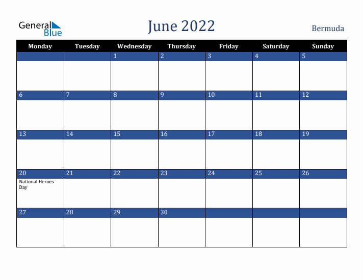 June 2022 Bermuda Calendar (Monday Start)