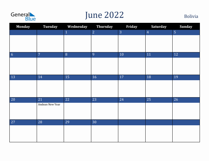 June 2022 Bolivia Calendar (Monday Start)