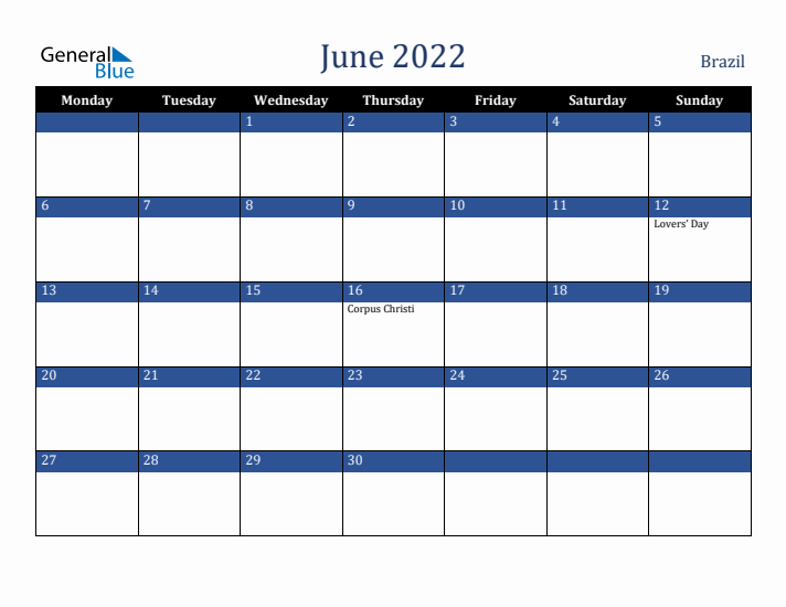 June 2022 Brazil Calendar (Monday Start)