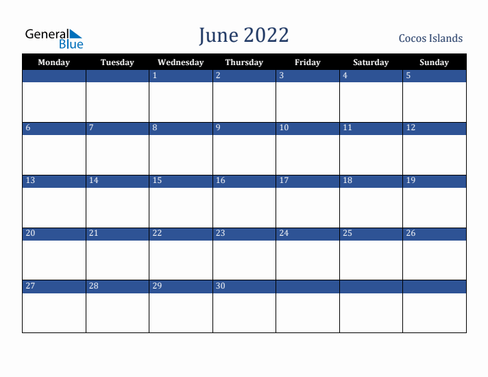 June 2022 Cocos Islands Calendar (Monday Start)
