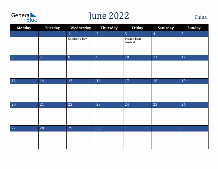 June 2022 China Calendar (Monday Start)