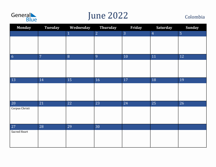 June 2022 Colombia Calendar (Monday Start)