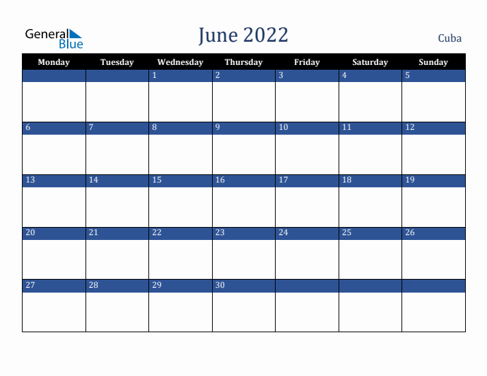 June 2022 Cuba Calendar (Monday Start)