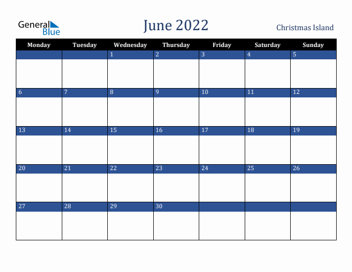 June 2022 Christmas Island Calendar (Monday Start)