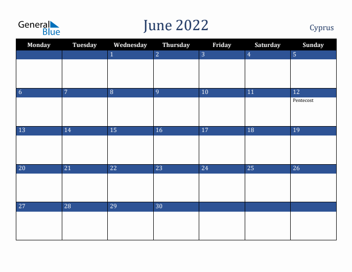 June 2022 Cyprus Calendar (Monday Start)