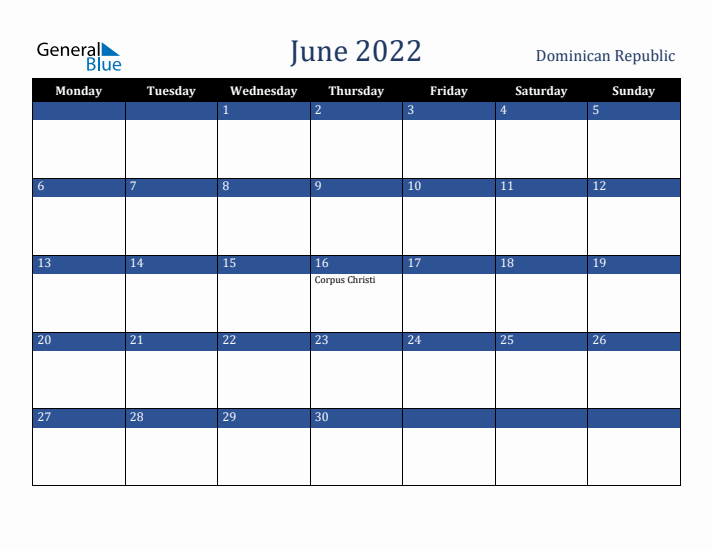 June 2022 Dominican Republic Calendar (Monday Start)