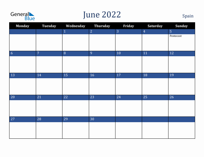 June 2022 Spain Calendar (Monday Start)