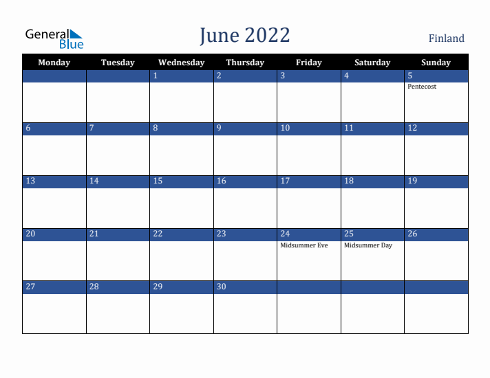 June 2022 Finland Calendar (Monday Start)