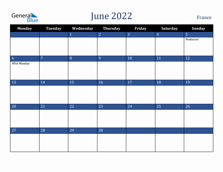June 2022 France Calendar (Monday Start)