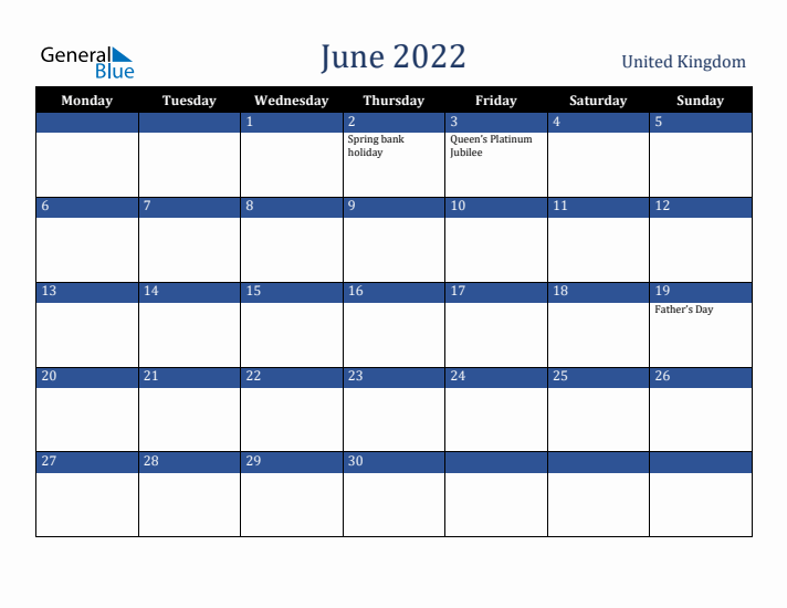 June 2022 United Kingdom Calendar (Monday Start)