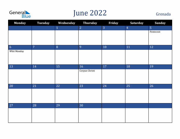 June 2022 Grenada Calendar (Monday Start)