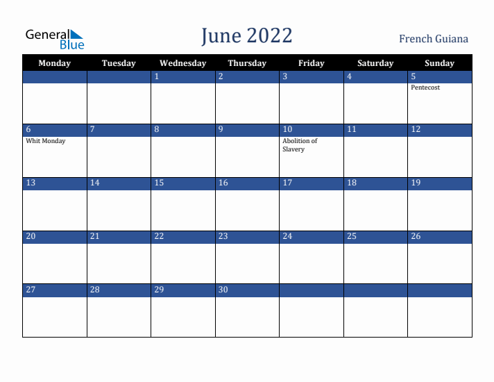 June 2022 French Guiana Calendar (Monday Start)