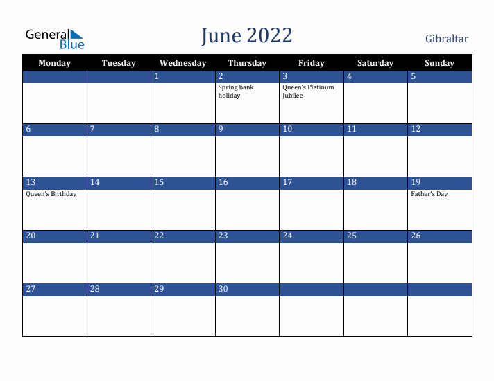 June 2022 Gibraltar Calendar (Monday Start)