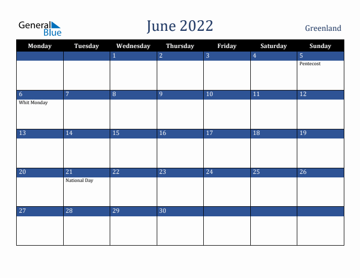 June 2022 Greenland Calendar (Monday Start)