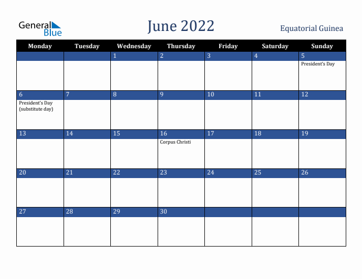 June 2022 Equatorial Guinea Calendar (Monday Start)