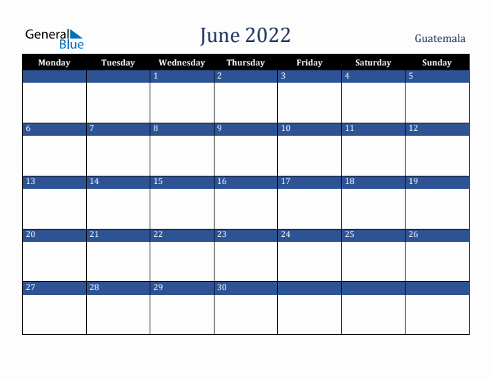 June 2022 Guatemala Calendar (Monday Start)