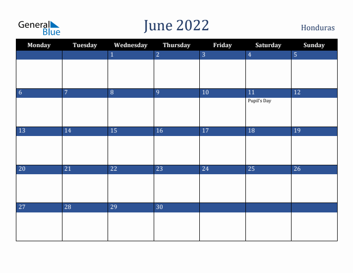 June 2022 Honduras Calendar (Monday Start)
