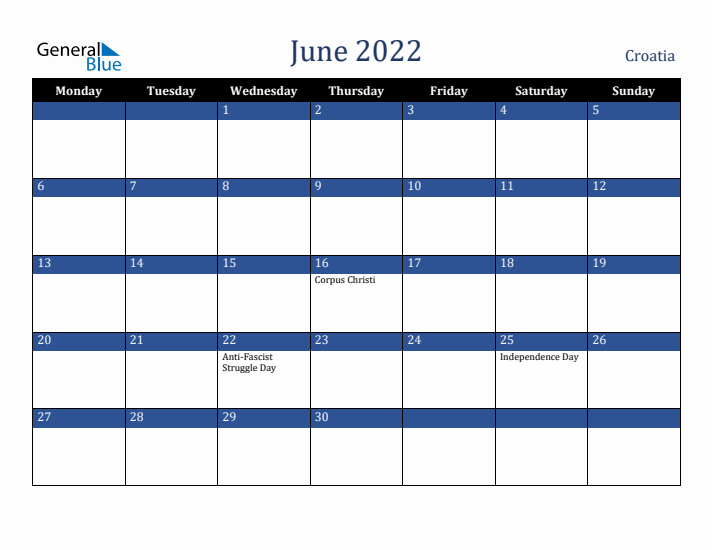 June 2022 Croatia Calendar (Monday Start)
