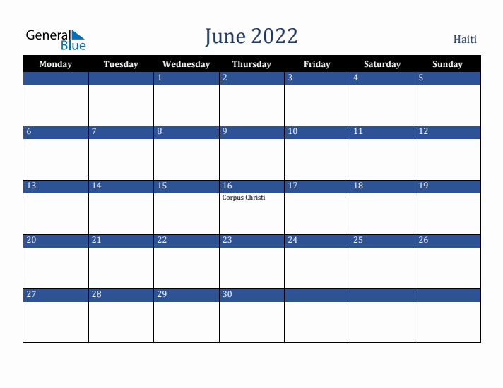 June 2022 Haiti Calendar (Monday Start)