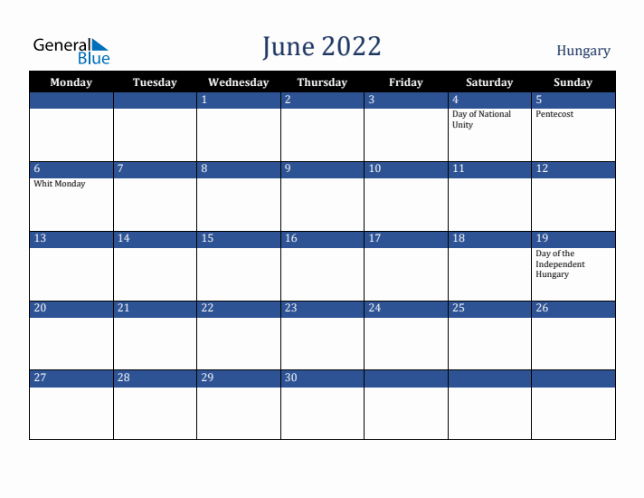 June 2022 Hungary Calendar (Monday Start)