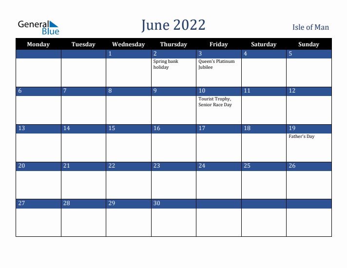 June 2022 Isle of Man Calendar (Monday Start)