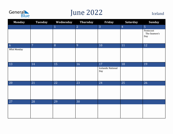June 2022 Iceland Calendar (Monday Start)