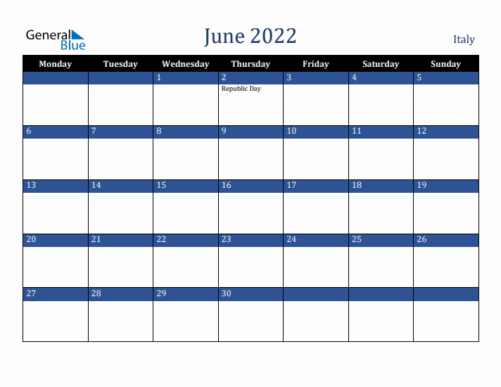 June 2022 Italy Calendar (Monday Start)