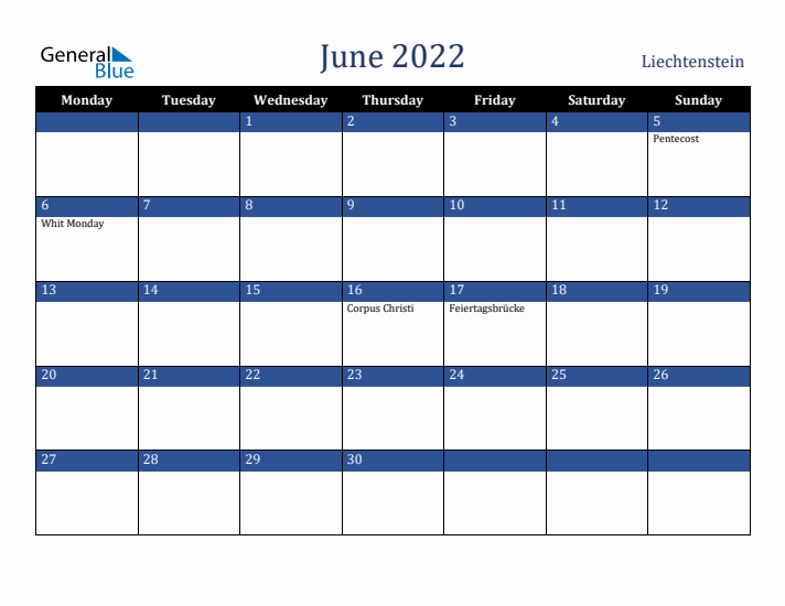 June 2022 Liechtenstein Calendar (Monday Start)