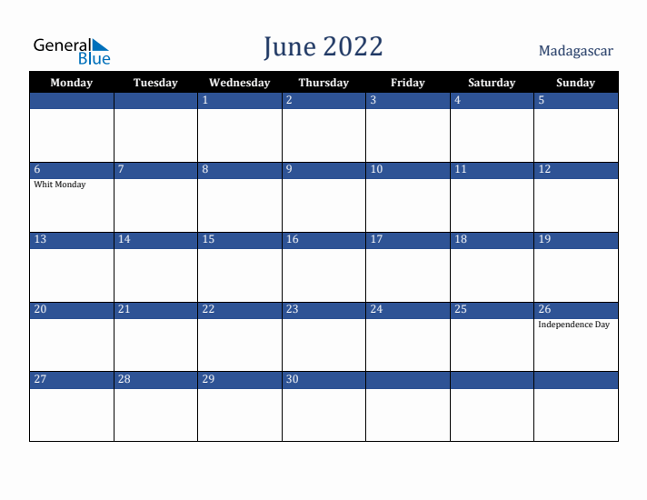 June 2022 Madagascar Calendar (Monday Start)