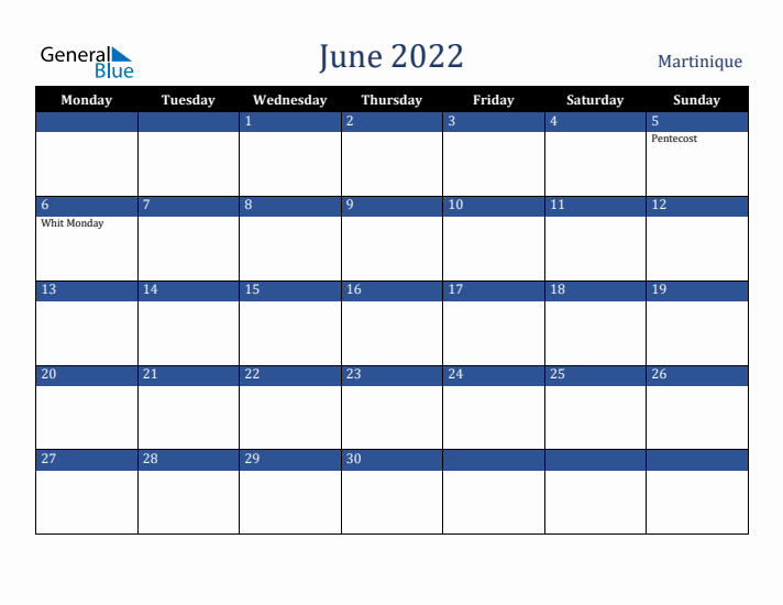 June 2022 Martinique Calendar (Monday Start)