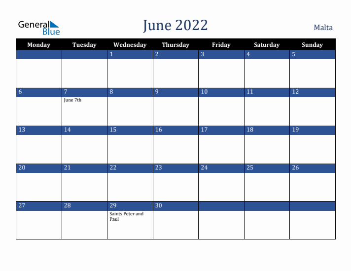June 2022 Malta Calendar (Monday Start)