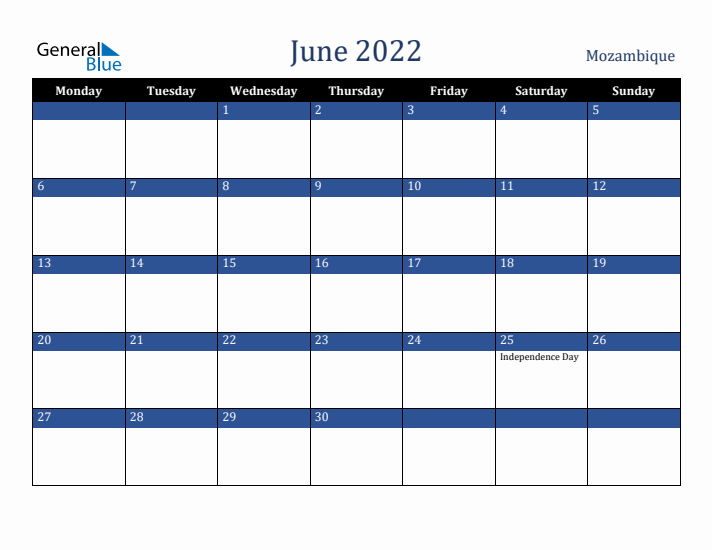 June 2022 Mozambique Calendar (Monday Start)