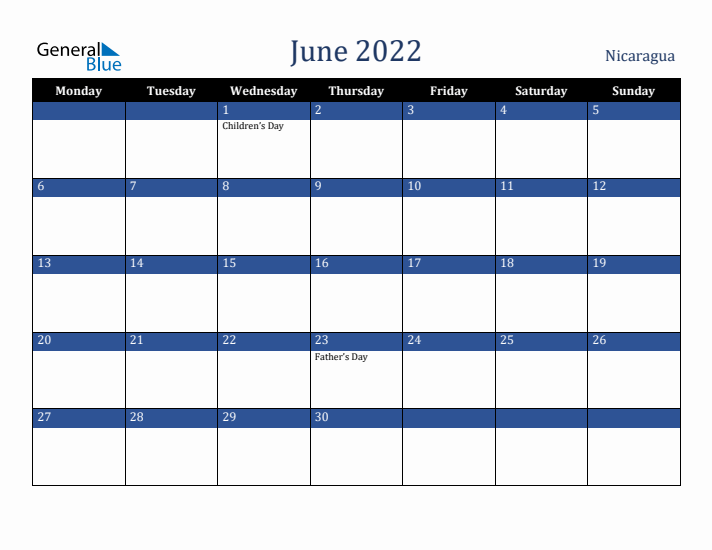 June 2022 Nicaragua Calendar (Monday Start)